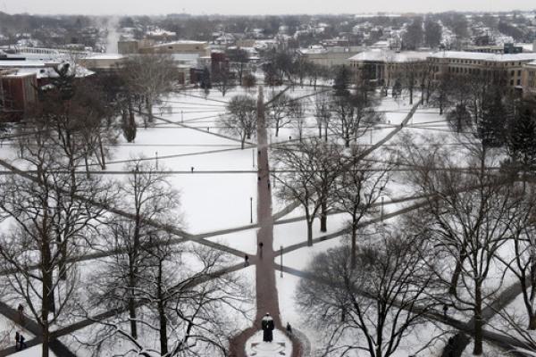 Snow on the Oval Picture of snow covering the ground around the Oval at Ohio State